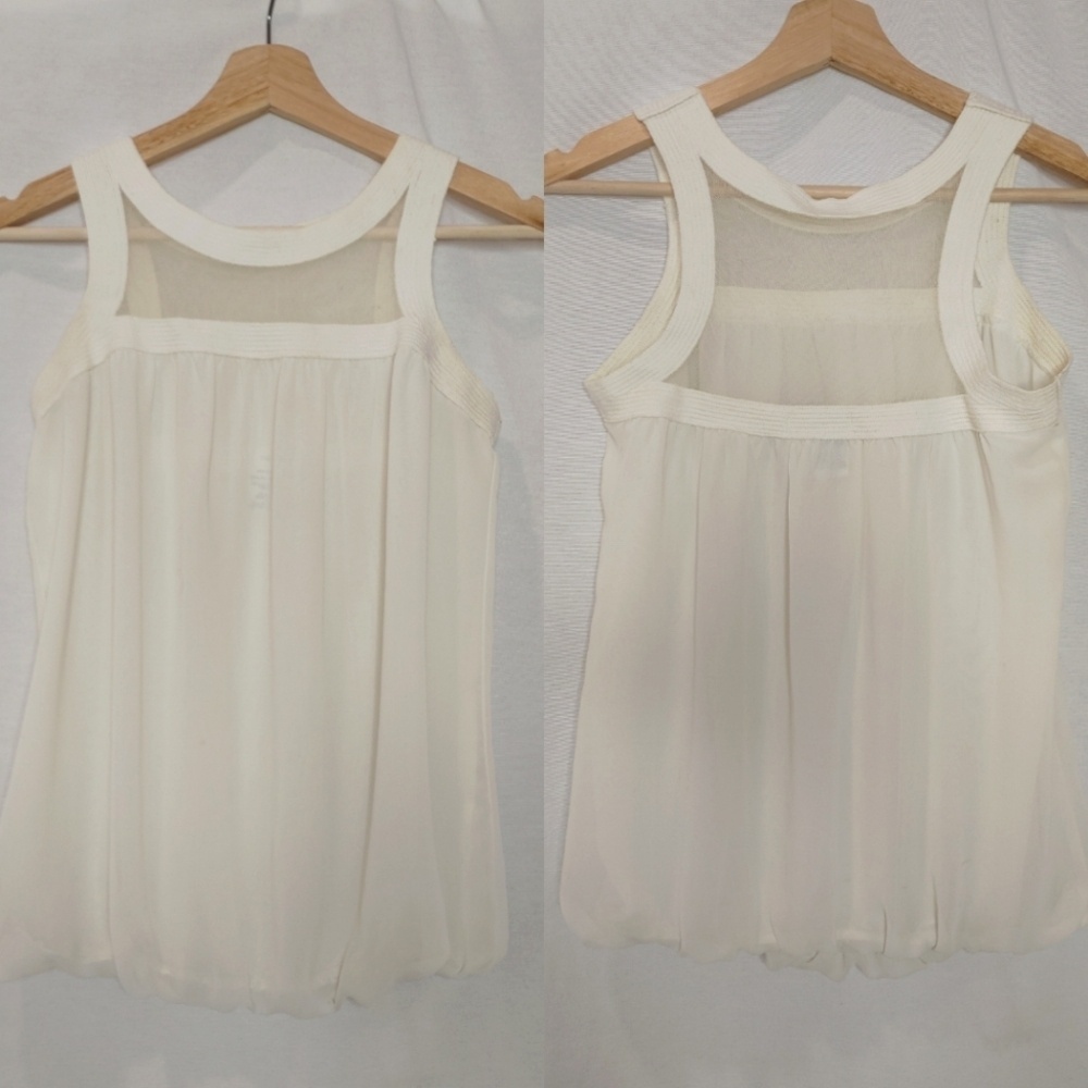 Sophie Max Blouse Sleeveless Cream Blouson Bubble Hem Sheer Panel Coastal XS